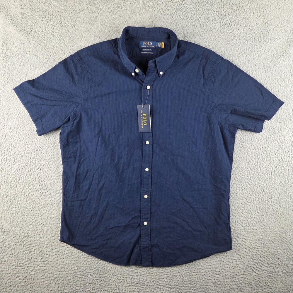 NWT Polo Ralph Lauren Mens RL Untucked Fit Seersucker Solid Navy Blue Large